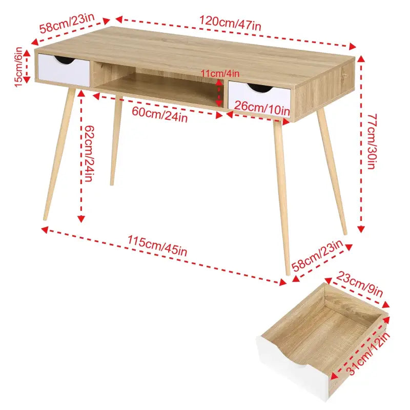 BukkitBow - Bureau met 2 Laden en Open Compartiment - Stevig Eikenhout Materiaal - 120x58cm