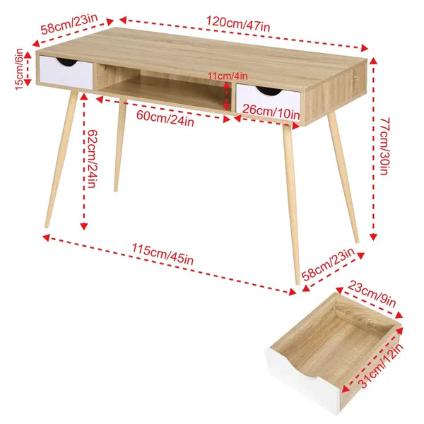 BukkitBow - Bureau met 2 Laden en Open Compartiment - Stevig Eikenhout Materiaal - 120x58cm