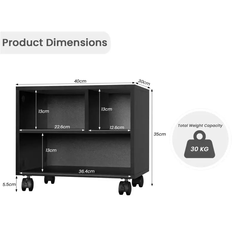BukkitBow - Houten Kantoorkast / Printerkast met 3 Vakken en Wielen (40x35x30CM)