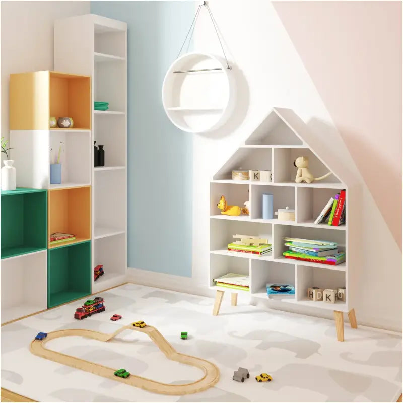 BukkitBow - Huisvormige Kinderboekenkast - Sterk Grenenhout - 11 Vakken - 80x116x24cm