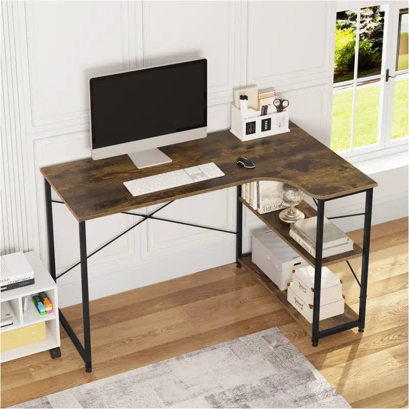 BukkitBow - Industrieel Bureau - Compact Hoekbureau met 2 Planken Opbergruimte - 120x74cm