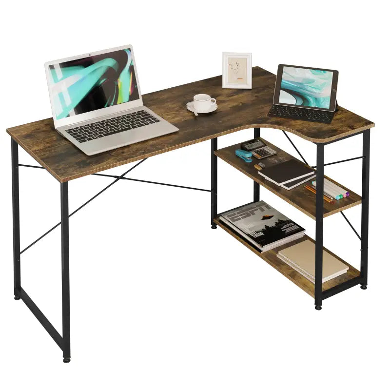 BukkitBow - Industrieel Bureau - Compact Hoekbureau met 2 Planken Opbergruimte - 120x74cm