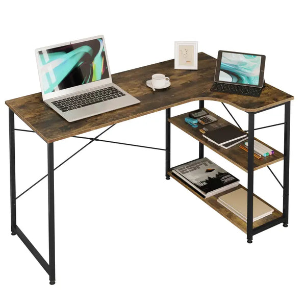 BukkitBow - Industrieel Bureau - Compact Hoekbureau met 2 Planken Opbergruimte - 120x74cm