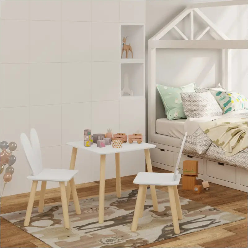 BukkitBow - Kindertafel met Stoelen / Kindermeubelset  - Konijnenoor Rugleuning Design - Tafel: 49.5x49.5x47cm