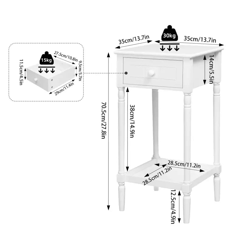 BukkitBow - Nachtkastje - met Lade en Blank - Barok - Massief Houten Poten - Wit