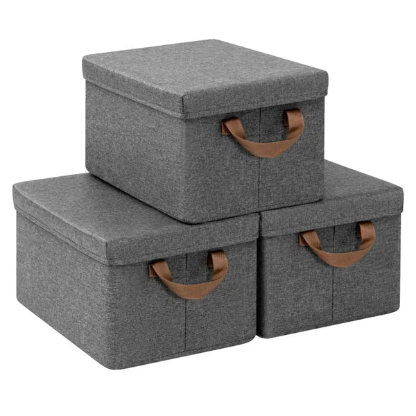 BukkitBow - Opvouwbare Opbergdozen - Polyester/Metaal/ - Met Deksel en Handvatten - Set van 3 Stuks - Grijs