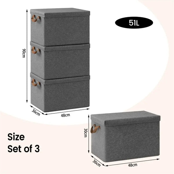 BukkitBow - Opvouwbare Opbergdozen - Polyester/Metaal/ - Met Deksel en Handvatten - Set van 3 Stuks - Grijs