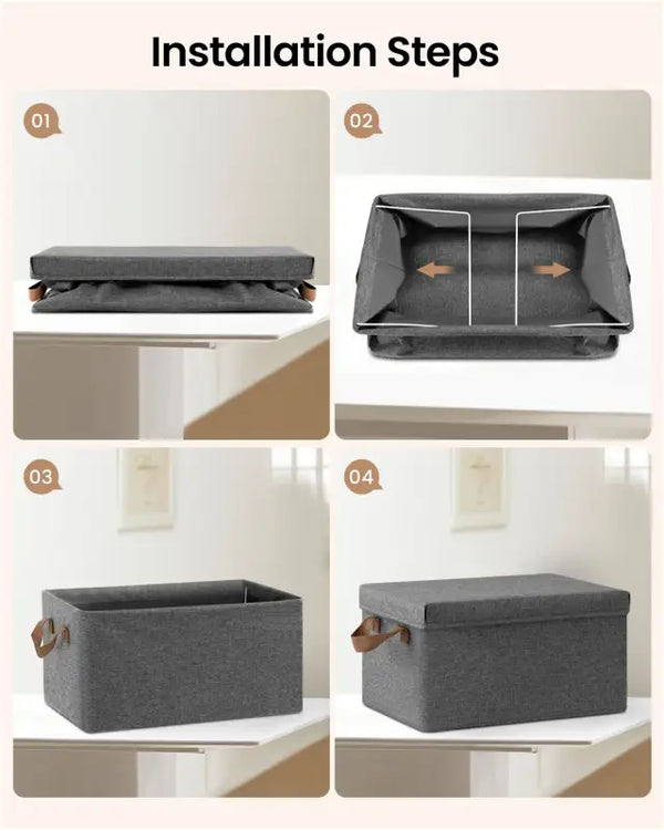 BukkitBow - Opvouwbare Opbergdozen - Polyester/Metaal/ - Met Deksel en Handvatten - Set van 3 Stuks - Grijs