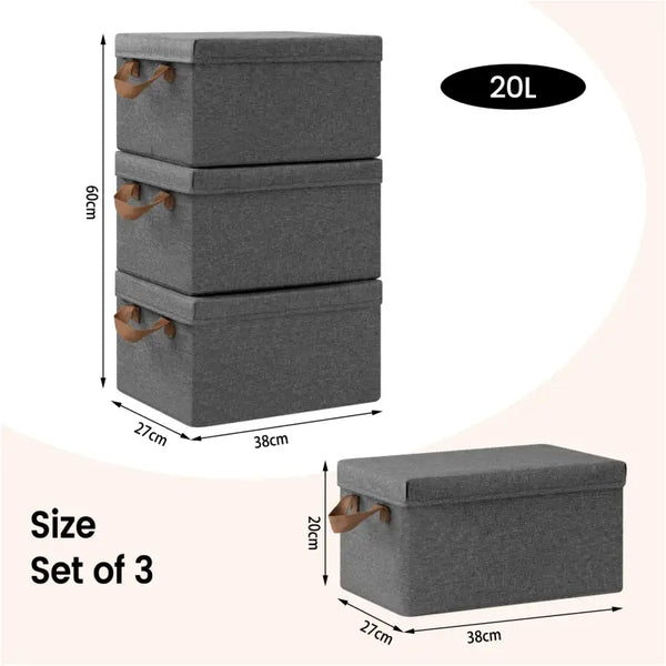 BukkitBow - Opvouwbare Opbergdozen - Polyester/Metaal/ - Met Deksel en Handvatten - Set van 3 Stuks - Grijs