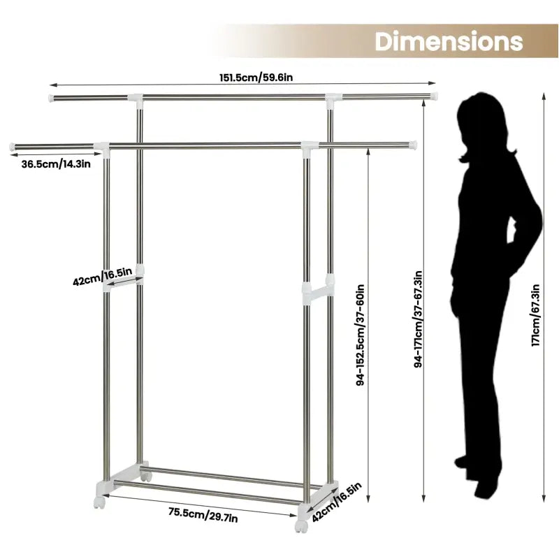 BukkitBow - Uitschuifbaar Kledingrek op Wielen - Roestvrij Staal - Verstelbaar en Draagbaar - Enkele of Dubbele Hangende Stang