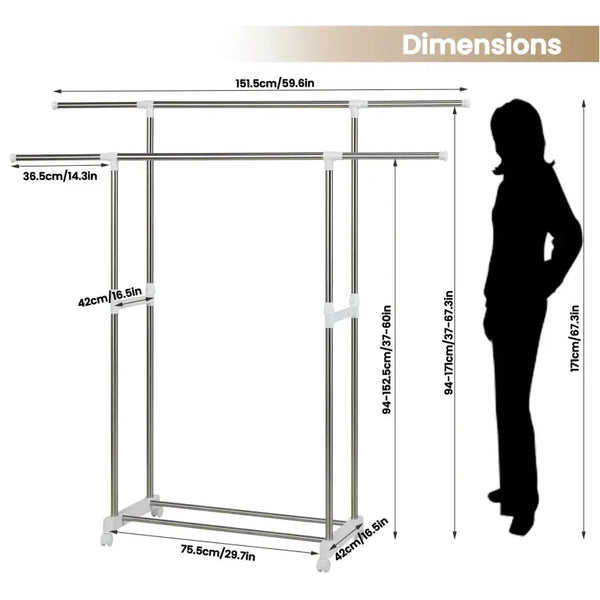 BukkitBow - Uitschuifbaar Kledingrek op Wielen - Roestvrij Staal - Verstelbaar en Draagbaar - Enkele of Dubbele Hangende Stang