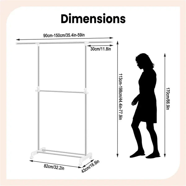 BukkitBow - Uitschuifbaar Kledingrek op Wielen - Roestvrij Staal - Verstelbaar en Draagbaar - Enkele of Dubbele Hangende Stang