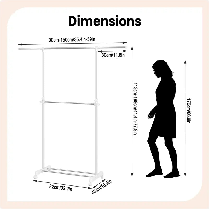 BukkitBow - Uitschuifbaar Kledingrek op Wielen - Roestvrij Staal - Verstelbaar en Draagbaar - Enkele of Dubbele Hangende Stang