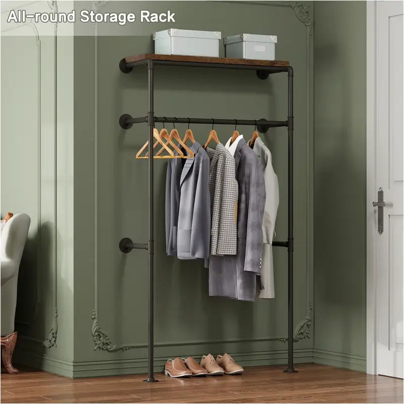 BukkitBow - Wandgemonteerd Kledingrek - Industriël / Vintage Stijl - Met Kledingrail en Plank - Robuust en Ruimtebesparend - 103x35x187cm