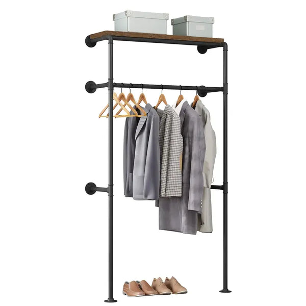 BukkitBow - Wandgemonteerd Kledingrek - Industriël / Vintage Stijl - Met Kledingrail en Plank - Robuust en Ruimtebesparend - 103x35x187cm