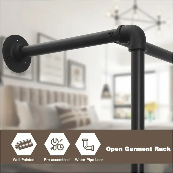 BukkitBow - Wandgemonteerd Kledingrek - Industriël / Vintage Stijl - Met Kledingrail en Plank - Robuust en Ruimtebesparend - 103x35x187cm